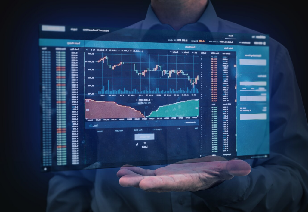 Gráfico digital sendo projetado acima de uma mão. Investimento para sua Renda