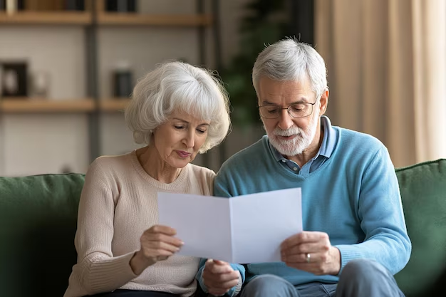 Aposentados lendo documentos. Independência financeira no futuro