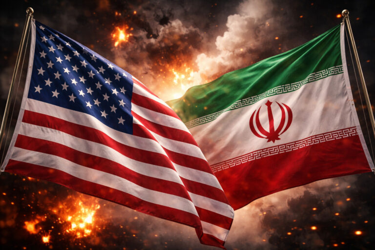 Bandeiras Estados Unidos x Irã representando a tensão geopolítica e seus efeitos no mercado