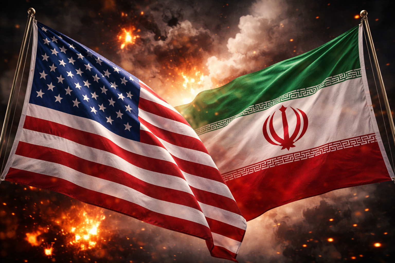 Bandeiras Estados Unidos x Irã representando a tensão geopolítica e seus efeitos no mercado