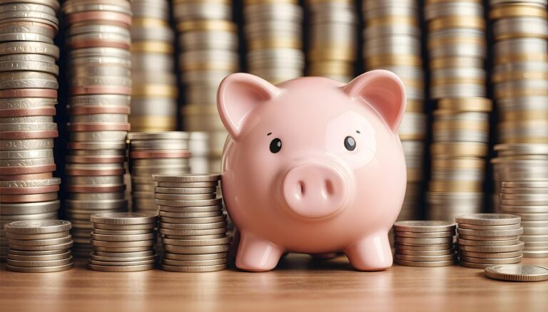 Cofrinho cercado por moedas representando a reserva de emergência.